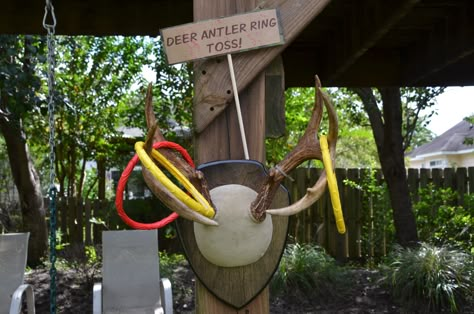 Antler ring toss!  The rings were pool toys that we got at Walmart. Lumber Jack Party Games, Pin The Antlers On The Deer Game, Hunting Games, Hunting Birthday Party Games, Hunting Party Games, Lumberjack Games For Adults, Lumberjack Party Games, Deer Camp Birthday Party, Lumberjack Games