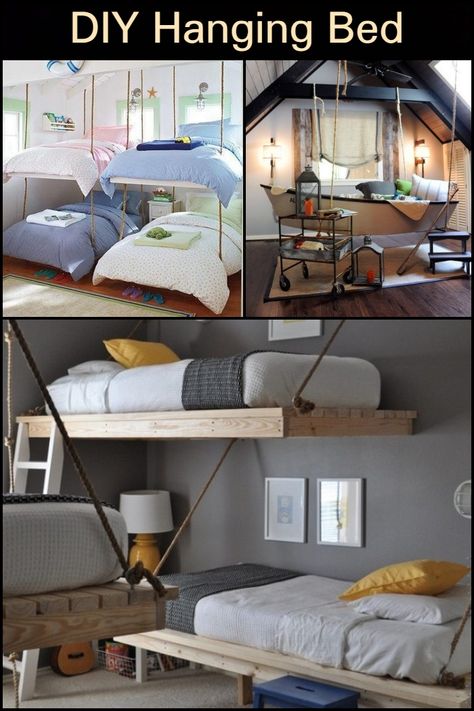 Enjoy pleasant dreams with this hanging bed idea. Hanging Pallet Bed, Diy Hanging Bed, Bedroom Moroccan Style, Suspended Bed, Pleasant Dreams, Bed Idea, Backyard Hammock, Pallet Beds, Hanging Beds