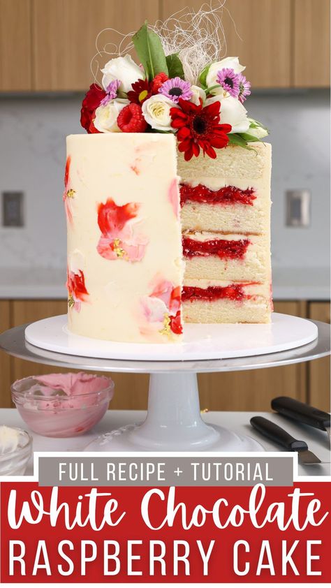 Filled Layer Cake Recipes, White Choc And Raspberry Cake, Fruit Filled Cake Recipes, White Chocolate Raspberry Layer Cake, Layered Sheet Cake Recipes, White Chocolate And Strawberry Cake, Not Sweet Cake Recipes, Gluten Free White Chocolate Raspberry Cake, Different Cake Flavors And Fillings