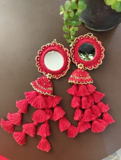 Crochet Red Mirror Tassels Dm to buy Instagram: kalagreh Mirror Tassels, Crochet Mirror, Kurti Embroidery, Mirror Embroidery, Crochet Jewelry Patterns, Embroidery On Kurtis, Kurti Embroidery Design, Red Mirror, Tassels Fashion