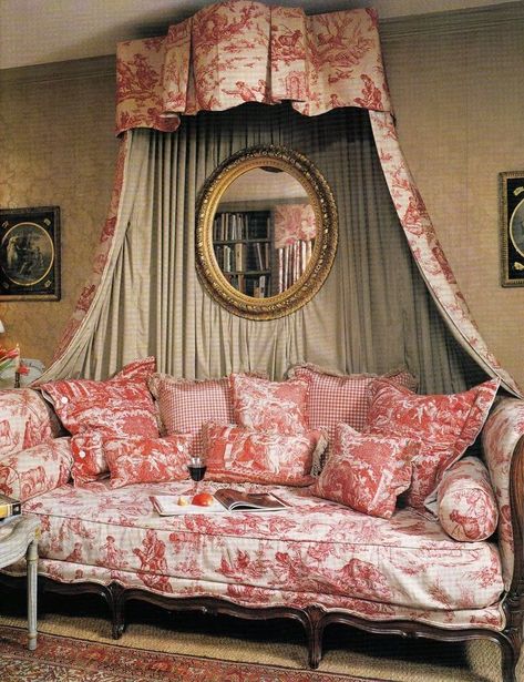 Fabulously French: love this... Toile Bedding, French Country Fabric, Bed Crown, Red Toile, French Country Bedrooms, French Toile, Mirror On The Wall, Country Bedroom, French Cottage