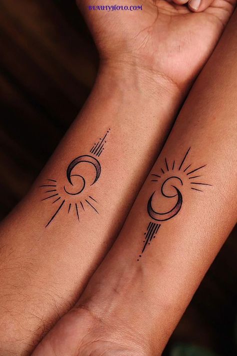 "Meaningful Couple Tattoos" Discover the essence of love and unity with our collection of 41 meaningful couple tattoos. Each design symbolizes the bond between two souls, representing devotion, strength, and eternal commitment. Express your unique love story with these empowering couple tattoos that will stand the test of time. See more ideas check out here! #meaningfulcoupletattoos #meaningfulcoupletattoo #coupletattoos Combined Tattoos For Couples, Spiritual Tattoos For Couples, Unity Tattoo Ideas, Cute Couple Tattoos Small Meaningful, Couple Tattoos Small Unique, Simple Couple Tattoos Unique, Couple Unique Tattoos, Couple Tattoos Unique Meaningful Symbols, Soul Mates Tattoo