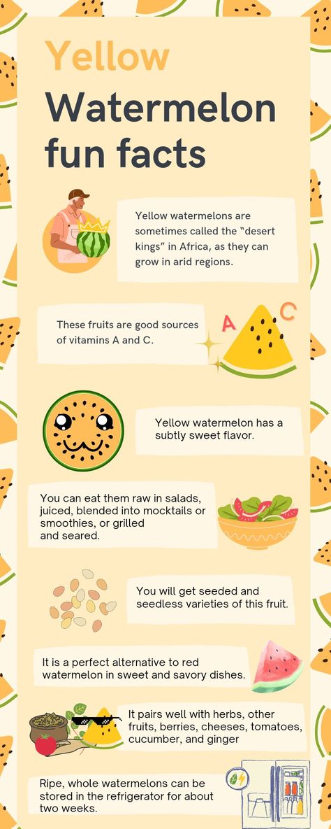 Food infographic, yellow infographic, yellow watermelon, yellow watermelon infographic, infographic design idea Yellow Watermelon Benefits, Watermelon Facts, Watermelon Nutrition, Watermelon Recipes Drinks, Watermelon Leaves, Yellow Watermelon, Watermelon Nutrition Facts, Fruit Poster, Watermelon Benefits