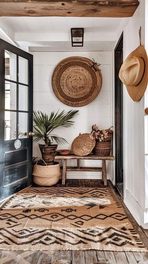 Boho Entryway Ideas, Creating An Entryway, Boho Entryway, Farmhouse Tour, Fall Decorating Ideas, Cozy Rugs, Playful Decor, Fall Farmhouse, Entryway Ideas