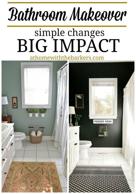 Bathroom Makeover with Black Painted Walls - At Home With The Barkers Black Bathroom Paint, Bathroom Looks, Small Bathroom Paint, Black Painted Walls, Black Accent Walls, Black White Bathrooms, Home Paint, White Shiplap, Painted Walls