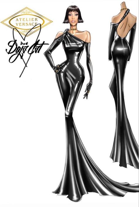 Doja Cat’s Versace dress sketch for the GRAMMYs by Donatella Versace Draping Fashion Illustration, Versace Illustration, Black Fashion Illustration, African Print Pants, Dress Sketch, Fashion Drawing Sketches, Fashion Drawing Tutorial, The Grammys, Fashion Background