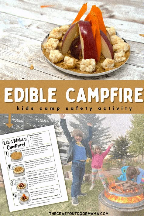 campfire made from food with recipe card and safety activity for kids Camping Week Preschool Activities, Camping Themed Snacks, Edible Campfire, Camping Food Ideas For Kids, Campfire Safety, Camping Week, Camping Activites For Kids, Camping Craft, Fire Safety For Kids