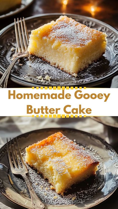 End your winter dinner on a high note with this homemade gooey butter cake! Its melt-in-your-mouth texture and golden crust make it an irresistible addition to any friendsgiving dinner recipe lineup. This easy-to-make dessert pairs perfectly with warm beverages, making it ideal for cozy winter meals. A simple, crowd-pleasing recipe for your holiday celebrations! Christmas Gooey Butter Cake, Easy Gooey Butter Cake, Mastros Butter Cake Recipe, Butter Cake Gooey, Butter Cake Recipe Moist, Warm Butter Cake Recipe, Crowd Pleasing Desserts, Old Fashioned Butter Cake Recipe, Rich Butter Cake Recipe