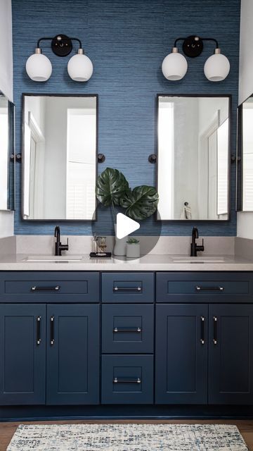 Blythe Interiors | Studio · Showroom · Shop on Instagram: "Save this for later📌! When designing this primary bathroom, we wanted to paint these custom cabinets a rich blue color to complement the grasscloth wallpaper and create a moody, monochrome vibe. ⁠When we laid eyes on Gale Force by @sherwinwilliams, we knew it was the perfect option! ⁠
⁠
👉Comment “COLOR” and we’ll DM you more details about this gorgeous paint color." Slate Blue Bathroom Cabinets, Primary Bathroom, Blue Cabinets, Grey Cabinets, Grasscloth Wallpaper, Blue Bathroom, Custom Cabinets, Blue Walls, Painting Tips