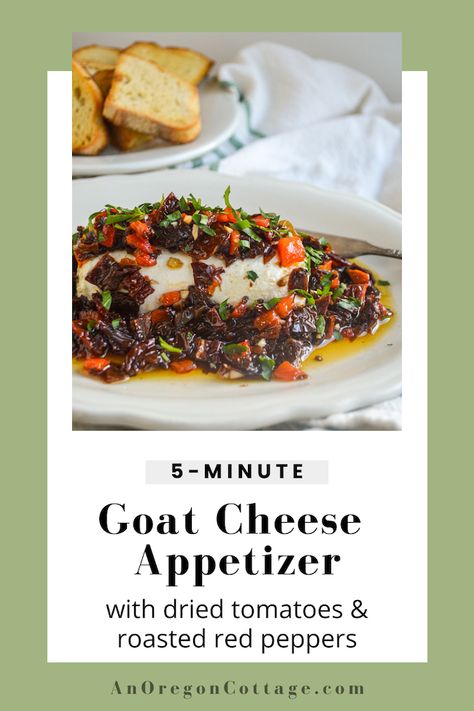 This quick and easy goat cheese appetizer recipe will be the star of your next charcuterie board! Covered with dried tomatoes and roasted red peppers in an olive oil-garlic sauce and surrounded by toasted bread (sourdough is the BEST) - it will be gone in minutes! Goat Cheese Recipes Appetizers, Cheese Appetizers Easy, Tomatoes Roasted, Cheese Recipes Appetizers, Goat Cheese Appetizer, Healthy Finger Foods, Cheese Appetizer, Bread Sourdough, Bite Size Appetizers