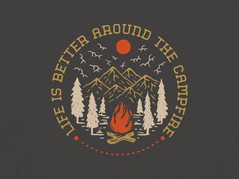 Life Is Better Around The Campfire by Mangustudio Poster For Your Room, Forest Vintage, Camping Nature, Mountain Illustration, Room Wall Decoration, Around The Campfire, Adventure Hiking, Pop Art Wallpaper, Vintage Camping