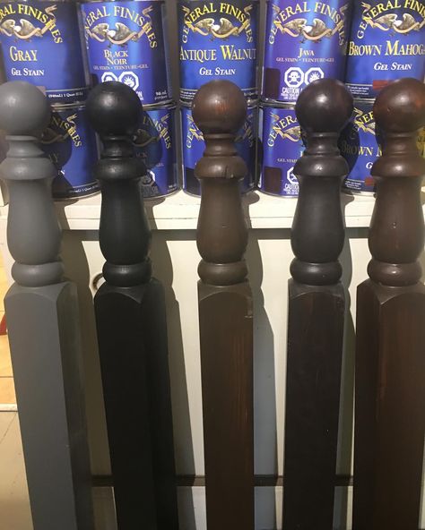 Side by Side comparison of GF Gray, Black, Antique Walnut, Java and Brown Mahogany Gel Stains. Staining Staircase, Stair Colors, Gel Stain Furniture, Victorian Entry, Railing Makeover, General Finishes Gel Stain, Gel Stains, Garland Hanger, Java Gel Stains