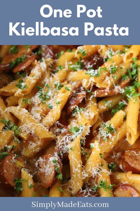 Kielbasa pasta in pot. Kielbasa And Kale Recipes, Polska Kielbasa Recipes Easy Dinners, Kielbasa And Noodles, Kielbasa And Pasta, Kielbasa Meals, One Pot Kielbasa, Kielbasa Pasta Recipes, Turkey Kielbasa Recipes, Creamy Penne Pasta