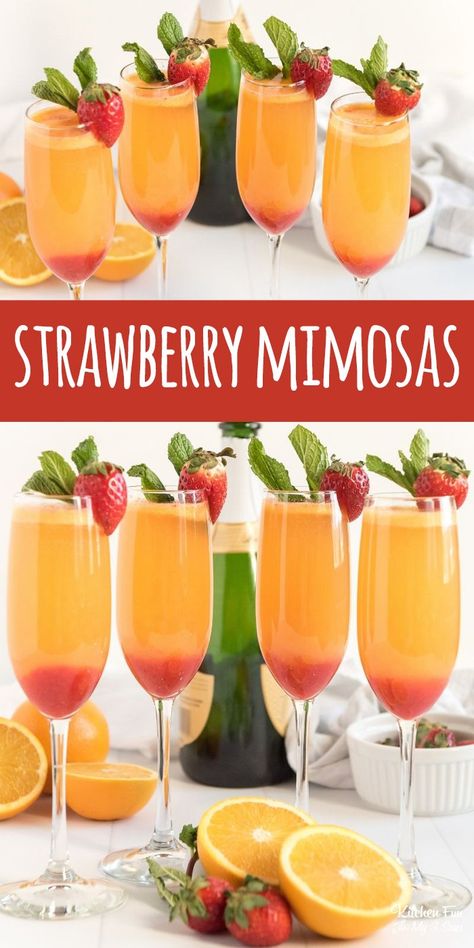 Strawberry Mimosa Recipe, Easter Mimosa, Summer Mimosa, Strawberry Mimosas, Brunch Mimosa Bar, Mimosa Bar Ideas, Poolside Brunch, Champagne Mimosa, Brunch Mimosa