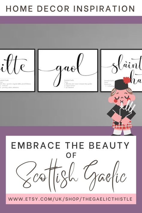 Discover the timeless allure of Scottish Gaelic with these phrase prints. The Scottish Gaelic Words are “Fàilte”, “Slàinte Mhath” and “Gaol” which mean "Welcome", "Cheers" and "Love". Explore now and bring a touch of Scotland to your home. Gaelic Phrases, Scottish Gaelic Phrases, Gaelic Words, Scottish Gaelic, Love Wall, Window Stickers, Home Decor Inspiration, Decor Inspiration, Scotland