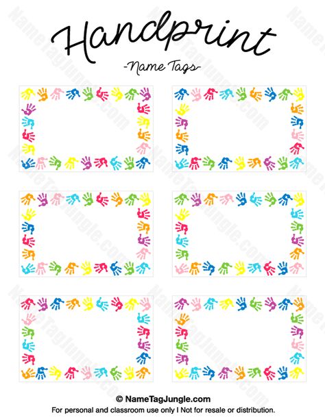 Free printable handprint name tags. The template can also be used for creating items like labels and place cards. Download the PDF at http://nametagjungle.com/name-tag/handprint/ Free Name Tags Printables, Editable Name Tags Free Printable Labels, Name Tags Printable Templates Free, Name Tag Printable, Preschool Name Tags, School Name Tags, Cubby Name Tags, Cubby Labels, School Labels Printables