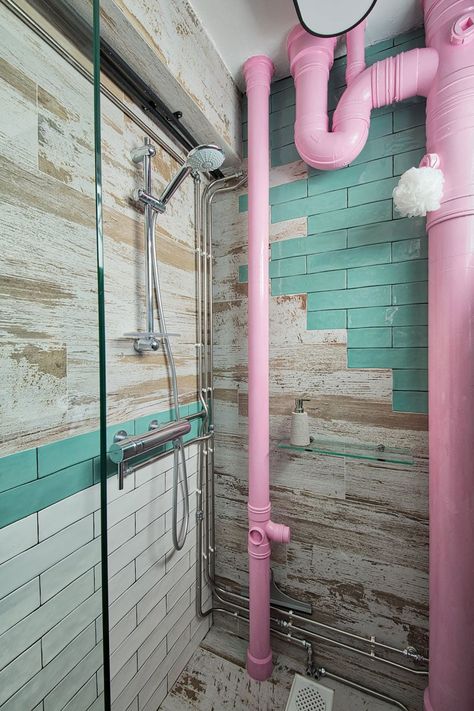 Discover These 5 Methods To Hide Ugly HDB Bathroom, Kitchen & Aircon Pipes - Style Degree Shower Tile Patterns, Modern Shower Tile, Hide Pipes, Geometric Tile Pattern, Toilet Tiles, Hiding Ugly, Shower Tile Ideas, Shower Wall Tile, Rustic Tile