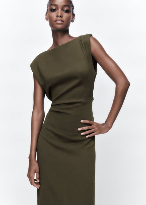 Zara Clothes, Boat Neck Midi Dress, Draped Midi Dress, Zara Midi Dress, Olive Green Dress, Draped Midi Dresses, Olive Green Dresses, Halter Midi Dress, Sleeveless Midi Dress