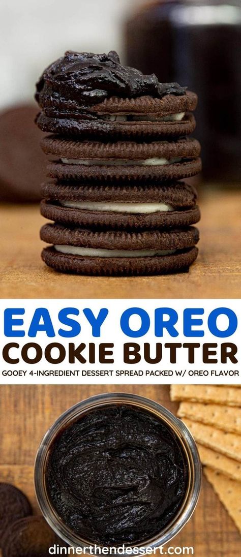 Oreo Cookie Butter is a chocolatey, gooey dessert spread perfect for gifting, an ice cream topping, or eating by the spoonful. #dessert #dessertspread #oreo #cookiebutter #icecream #topping #sweetbutter #dinnerthendessert Oreo Butter, Oreo Cookie Butter, Praline Paste, Cookie Butter Cookies, Pot Roast Beef, Chicken Sloppy Joes, Peanut Butter Sheet Cake, Butter Spreads, Nut Butter Recipes