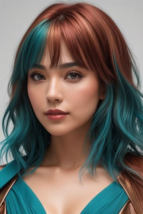 Teal Hair Shadow Root, Teal Color Block Hair, Auburn And Teal Hair, Auburn Hair With Colored Streaks, Colored Hair Trends 2023, Teal Hair Character Art, Red Hair With Teal Highlights, Red Hair With Green Highlights, Copper And Teal Hair