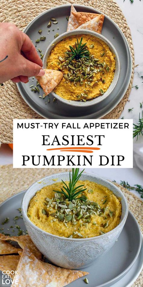 Looking for the best fall appetizer or savory snack? You must try this Savory Pumpkin Dip with Chickpeas and Wonton Crackers! This creamy and flavorful pumpkin recipe is perfect for impressing guests with its rich, autumnal taste. Quick to whip up and full of seasonal flavor, it's the perfect cozy fall snack or appetizer for your festive gatherings or dinner party. #fallappetizers #pumpkindip #fallrecipes Savory Pumpkin Dip Recipes, Pumpkin Dip Savory, Vegan Fall Appetizers For Party, Pumpkin Shaped Appetizers, Savory Pumpkin Dip, Savory Pumpkin Appetizers, Halloween Dip Recipes, Appetizer Recipes Fall, Fall Themed Appetizers