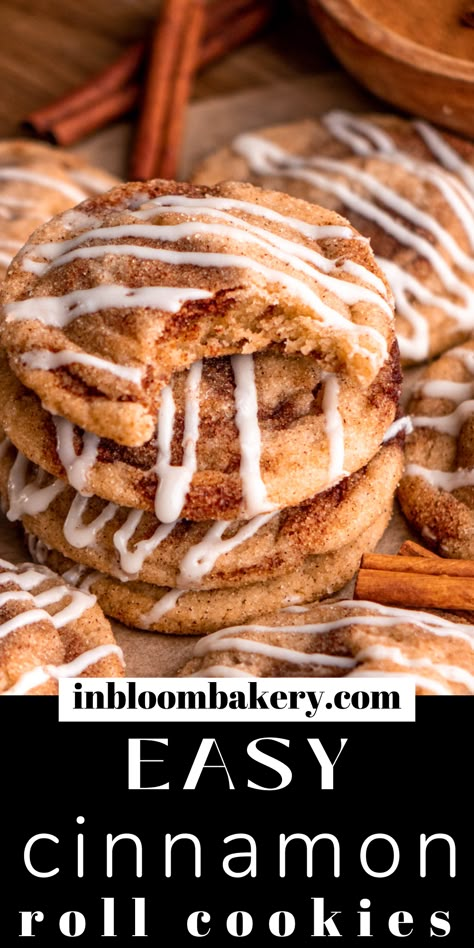 Desert With Cream Cheese Frosting, Fall Baking Cinnamon, 30 Minute Baking Recipes, Cinnamon Roll Snickerdoodle Cookies, Quick Cinnamon Desserts, Cinnamon Cream Cheese Dessert, Cinammon Cookies Recipe, Cinnamon Roll Drizzle, Easy Cookie Baking Recipes