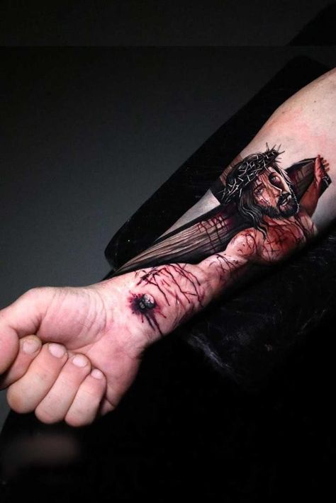 Jesus 3d Tattoo, Jesus Arm Tattoo, Jesus Tattoo On Arm, Jesus Hand Tattoo, Jesus Tattoo Design, Catholic Tattoos, Christ Tattoo, Faith Tattoo, Half Sleeve Tattoos For Guys