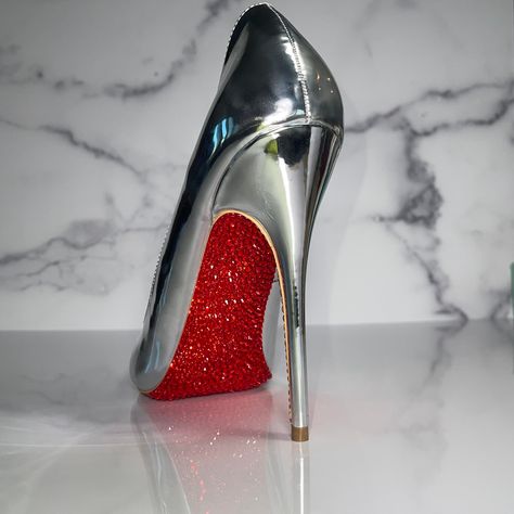 Crystal Red Bottoms, Stiletto High Heel Pumps. Silver chrome shiny faux patent leather finish. US Size 6, 7, 8, 9 , 11 and 12 available, but limited quantity in each size. Most sizes last pair! Custom hand crystaled in the USA and fast and free Priority US shipping for each order Makes a great bridal present, bridal shower gift, birthday present or anytime gift! Perfect high heel pumps for Formals, Cruises, Clubs, Y2K vibes, Parties, Cocktail dress, Wedding, Bridal shower gifts, Wedding party gi Graduation Heels, Medieval Things, Red Bottom Heels, Shoe Repair Shop, Very High Heels, Red Bottom Shoes, Nails Colors, Bridal Heels, Blue Ivy