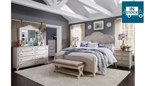 Farmhouse Bedroom Set, King Poster Bed, 2024 Bedroom, City Loft, Gray Walls, Poster Bedroom, Cottage Charm, King Bedroom Sets, Bedroom Sets Queen