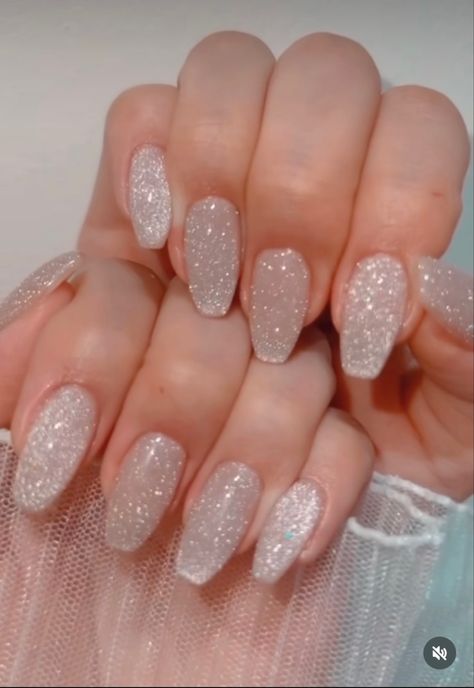 White Nails With Glitter Top Coat, Silver Or White Nails, Sparkling White Nails, Subtle Sparkly Nails, White With Silver Glitter Nails, Engagement Party Nails Brides, Light Silver Nails, Shimmery White Nails, Silver Glittery Nails