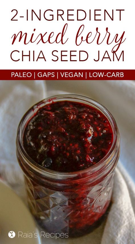 2-ingredient Mixed Berry Chia Seed Jam :: paleo, GAPS, vegan, low-carb Chia Seed Jelly Recipe, Mixed Berry Chia Seed Pudding, Chia Seed Jelly, Chia Berry Jam, Chia Seed Jam Sugar Free, Chia Jelly, Jam With Chia Seeds, Keto Jam, Jam Breakfast