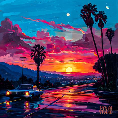 🌴🌆✨ Cruise into the 'Neon Dusk Boulevard' - where retro vibes meet modern brilliance in an electric sunset. The soul of a vintage escape, with glowing horizons and silhouetted palms. Perfect for dreamers and nostalgics alike. #RetroArt #SunsetCanvas #VintageDrive POSTER AVAILABLE (SALE: $29.75, Original: $35): https://www.zazzle.com/z/3uvfb7zi?rf=238202812721842561 #AIAri #art #digitalart #NyxAIStudio Neon Sunset, Retro Sunset Aesthetic, Retro Sunset, Sunset Graffiti, Sunset Strip 80s Aesthetic, Retro Sunset Wallpaper, Miami Synthwave, Miami Sunset, Vaporwave Palm Trees