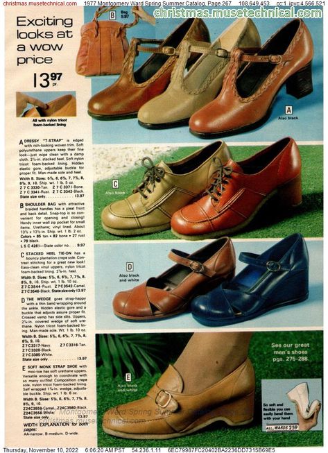 1977 Montgomery Ward Spring Summer Catalog, Page 267 - Catalogs & Wishbooks 1970s Shoes, 70s Shoes, Shoe Chart, T Strap Shoes, 60s And 70s Fashion, 1970s Style, 70’s Fashion, Montgomery Ward, Christmas Catalogs