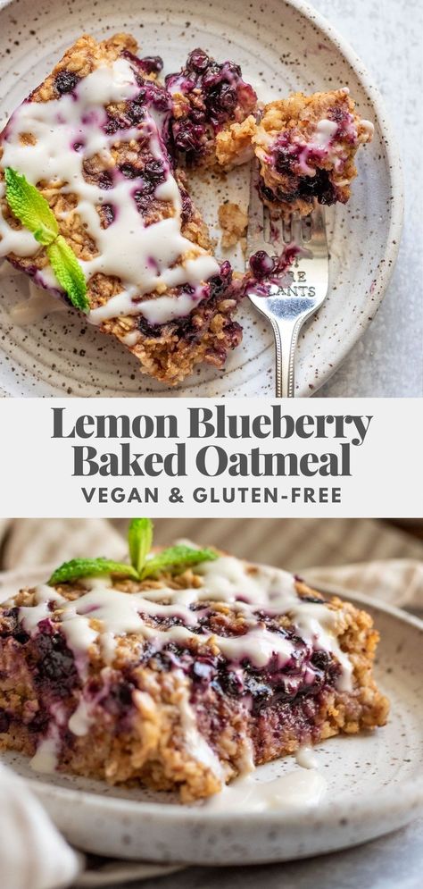 This Lemon Blueberry Baked Oatmeal is the perfect breakfast meal prep with gooey blueberry filling. Easy to make, bursting with fresh flavor and vegan. Spring Vegan Meals, Blueberry Baked Oatmeal, Vegan Baked Oatmeal, Blueberry Filling, Vegan Oatmeal, 2024 Recipes, Vegan Brunch, Blueberry Oatmeal, Vegan Blueberry