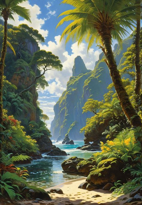 Tropical Island Concept Art, Paradise Island Fantasy Art, Tropical Island Fantasy Art, Tropical Kingdom Fantasy Art, Fantasy Tropical Forest, Dates Tree, Beach Landscapes, Map Ideas, Dreamy Places