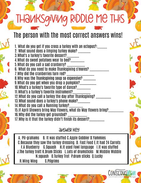 Thanksgiving Riddle Me This Printable - ConservaMom Thanksgiving Riddles For Adults, Ideas For Thanksgiving Dinner, Thanksgiving Soups, Thanksgiving Puns, Fun Thanksgiving Games, Thanksgiving Jokes, Ideas For Thanksgiving, Cedar Cove, Funny Riddles