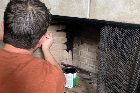 Painting Inside Fireplace Black, Painting The Inside Of A Fireplace, Painting Inside Of Fireplace, Paint Inside Fireplace, Inside Fireplace, Fireplace Box, High Heat Paint, Fireplace Redo, Box Painting