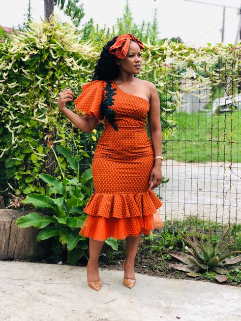 Orange Traditional Dresses, Seshweshwe Dresses Design Outfit, Seshweshwe Dresses Design, Ankara Outfits For Ladies, Lobola Dresses, Seshweshwe Dresses, Sesotho Traditional Dresses, Seshoeshoe Dresses, Ankara Outfits