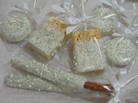 Engagement Rice Krispie Treats, Bridal Rice Krispie Treats, White Chocolate Covered Rice Krispies, Rice Krispie Treats For Wedding, Disco Treats, White Rice Krispie Treats, Chocolate Covered Rice Krispies, Rice Krispies Pops, Desert Tables