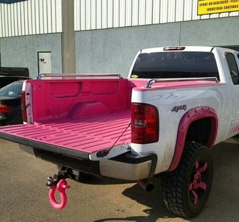 They imitated my truck Pink Tacoma Truck, White Truck With Pink Accents, White And Pink Truck, Truck Customization Ideas, Pink Truck Interior, Girly Truck Accessories, Girly Trucks, Girl Truck, Pink Trucks