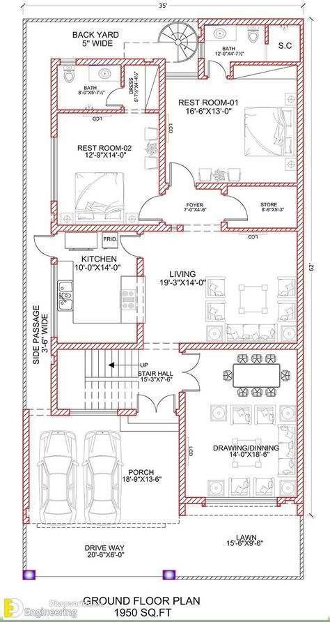 35 X 70 House Plans Layout, 35x70 House Plans, 35x65 House Plans, 3000 Sq Ft House Plans, 10 Marla House Plan, Home Map Design, 30x50 House Plans, Home Plan Ideas, Home Blueprints