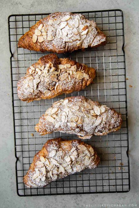 Almond Croissant - The Little Epicurean Almond Croissant Recipe, Pastry Display Case, Almond Paste Recipes, Almond Croissants, Pastry Display, Spiced Almonds, Butter Croissant, Croissant Recipe, Toast In The Oven