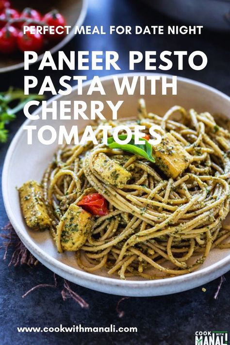 This Paneer Pesto Pasta combines sweet cherry tomatoes with homemade pesto and paneer for a comforting and flavor packed vegetarian meal. Pasta Pesto Recipes, Pasta Recipes Vegetarian Indian, Lasagna Pizza, Pasta With Cherry Tomatoes, One Pot Vegetarian Recipes, Indian Cuisine Recipes, Mosaic Kitchen, Pasta Types, Pesto Pasta Recipes