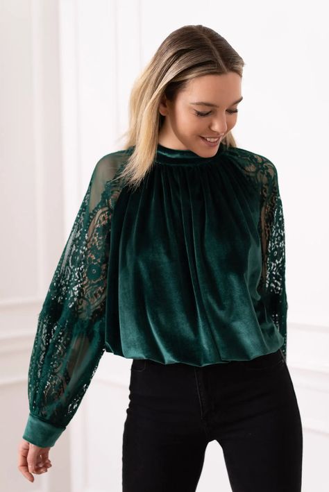 Green Flats Outfit, Velvet Blouse Outfit, Velvet Outfits, Long Lace Sleeves, Winter Blouses, Clothes Embroidery Diy, Persian Fashion, Velvet Blouse, Goth Clothing