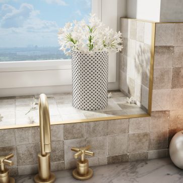 Gold Tiles, Key West House, Tile Edge Trim, Cream Tile, Gold Light Fixture, Houston Houses, Gold Tile, Bullnose Tile, Victorian Bathroom