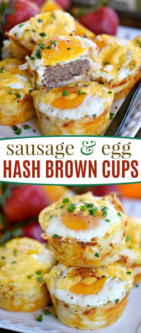 Sausage and Egg Hash Brown Cups are the perfect easy breakfast for busy weekday mornings or a casual weekend brunch. The cheesy hashbrown cup is filled with a sausage patty and topped with an egg for a filling and delicious breakfast any day of the week! Serve with fresh fruit for a tasty breakfast to remember! // Mom On Timeout #breakfast #recipe #sausage #egg #hashbrowns #cheese #hash #brown #brunch #Christmas #Easter #easy #recipe #recipes Hash Brown Egg Cups, Hash Brown Cups, Cheesy Hashbrown, Breakfast Sausage Recipes, Brown Cups, Tasty Breakfast, Sausage Patty, Egg Recipes For Breakfast, Breakfast Casserole Sausage