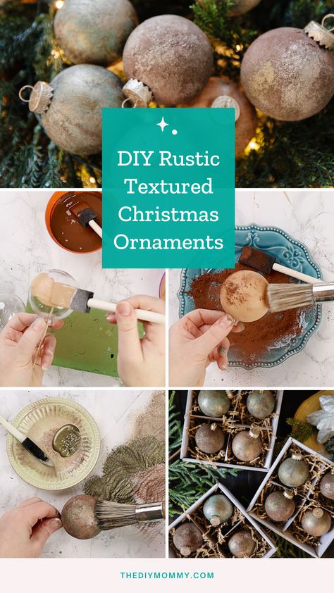 Diy Textured Ornaments, Glass Ball Ornaments Diy, Rustic Ornaments Diy, Christmas Ornaments Homemade Rustic, Diy Christmas Ornaments Rustic, Christmas Ball Ornaments Diy, Diy Xmas Ornaments, Vintage Christmas Balls, Diy Christmas Ball