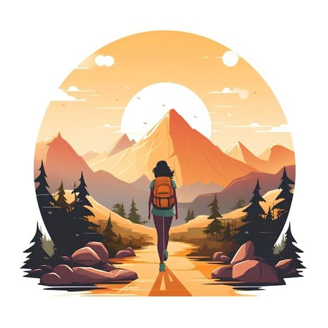 Photo minimalist flat vector style of an... | Premium Photo #Freepik #photo Climbing A Mountain Illustration, Painting On Backpack, Hiking Artwork, Trekking Illustration, Hike Illustration, Hiking Art, Illustration Styles, Hiking Illustration, Patches Ideas