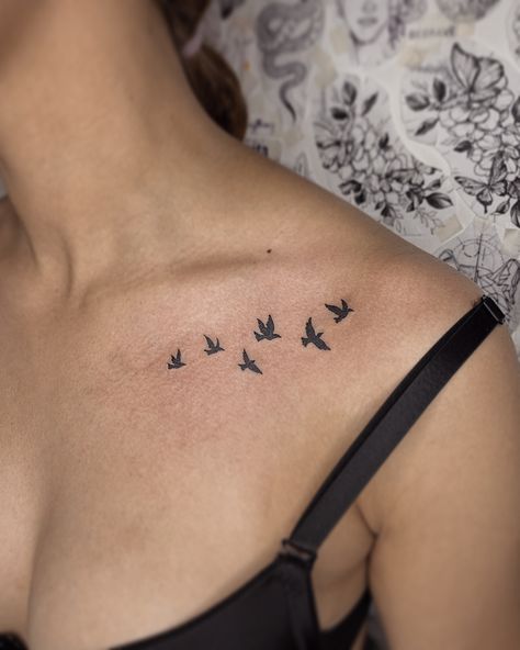 Doves On Chest Tattoo, Birds On Collarbone Tattoo, Bird Tattoo On Chest Women, 7 Birds Tattoo, Birds Tattoo On Hand, Collarbone Bird Tattoos For Women, Flock Of Doves Tattoo, Small Tattoos For Women On Chest, Forearm Tattoo Women Birds