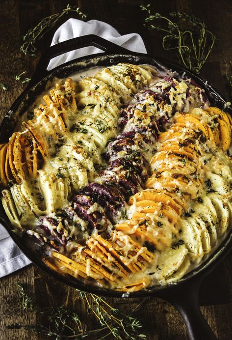 Lady in the Wild West Sweet Potato Gratin, Sweet Potato Skillet, Purple Sweet Potato, Jackson Hole Wy, Purple Potatoes, Potatoes Au Gratin, Potato Gratin, Creamy Parmesan, Purple Sweet Potatoes